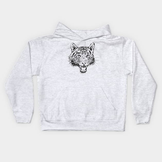 Hand-Drawn Tiger Head Sketch Teeth Growling Outline Kids Hoodie by Bartlett Art Works